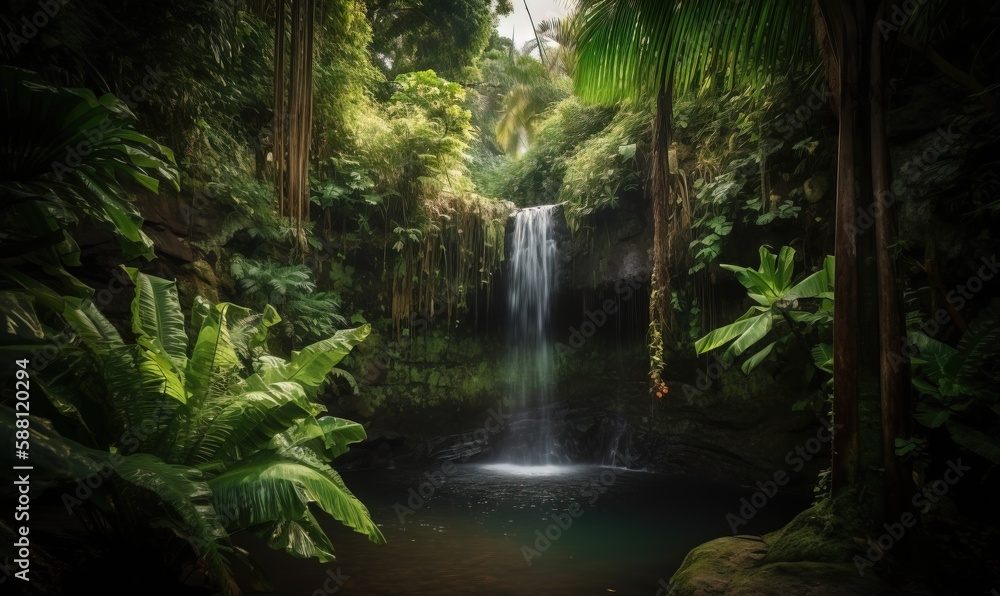 a waterfall in a tropical forest with lush green trees and plants. generative ai a waterfall in a tropical forest with lush green trees and plants. generative ai