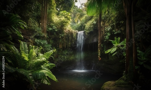  a waterfall in a tropical forest with lush green trees and plants.  generative ai © Anna