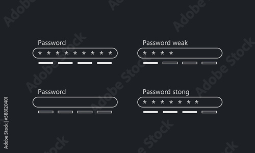 Password weak and strong interface.   Security bar. Safety requirement. Form template for website. Vector illustration on black background