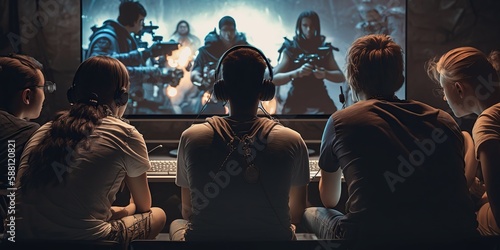 Group of gamers sitting in front of large screen intensely focused on game, concept of Teamwork and competitiveness, created with Generative AI technology © koldunova