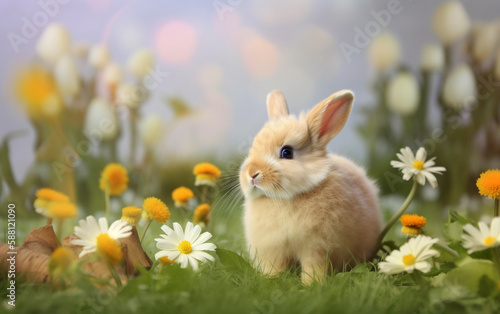 Easter bunny on green grass field, spring meadow. Generative AI