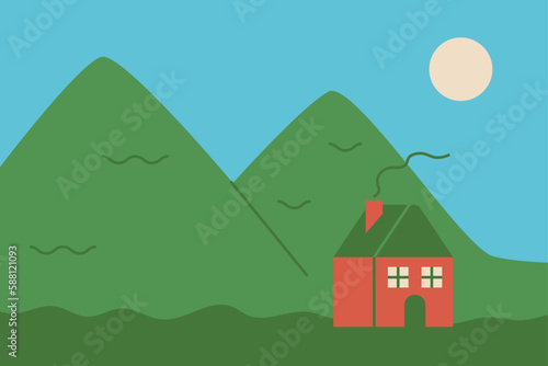 Green landscape with mountains and red house. Vector flat illustration. Ecology concept. Spring or summer nature. 
