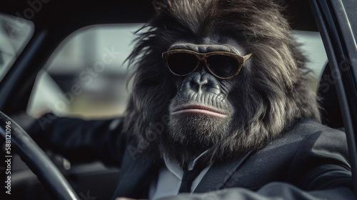 langhaariger Gorilla mit Sonnenbrille im Business Outfit im Auto beim fahren. Generative Ai.
