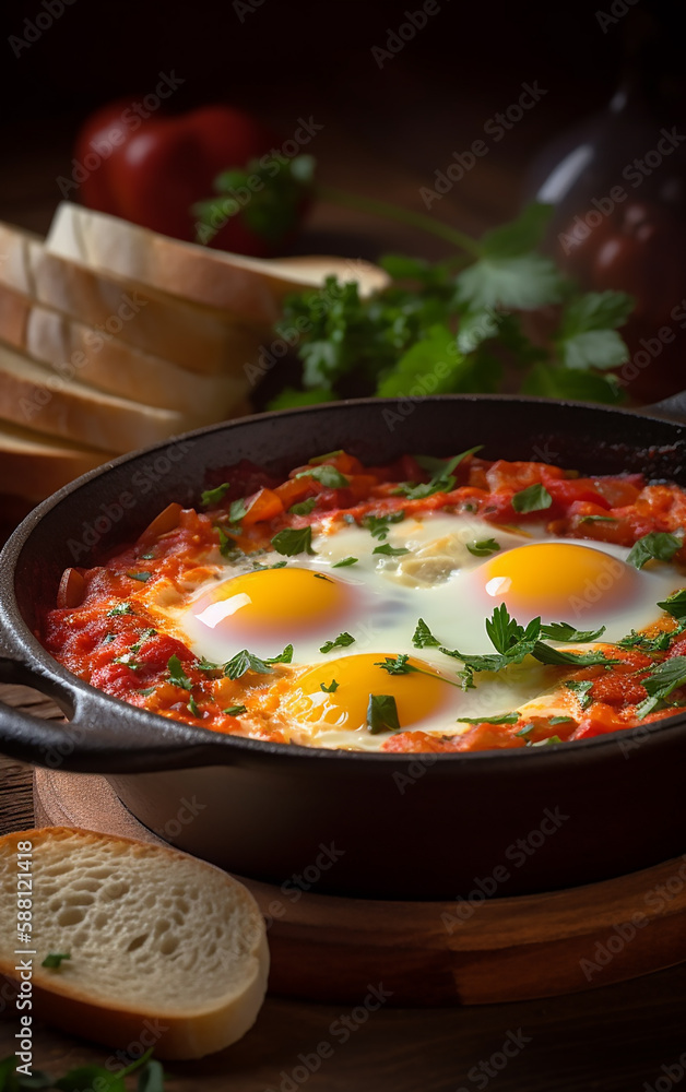 Sizzling shakshuka served in a pan with eggs, tangy tomato base, and aromatic herbs, accompanied by a side of fresh bread slices. Sizzling shakshuka served in a pan with eggs, tangy tomato base, and aromatic herbs, accompanied by a side of fresh bread slices.