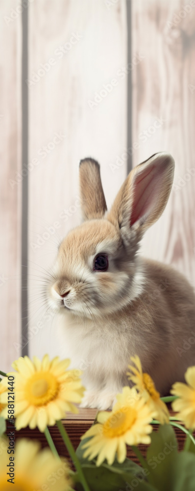 Fototapeta premium Easter bunny on green grass field, spring meadow. Generative AI