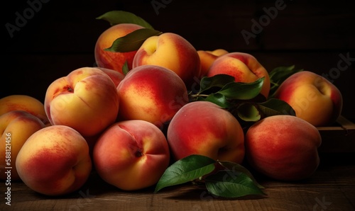  a pile of peaches sitting on top of a wooden table.  generative ai