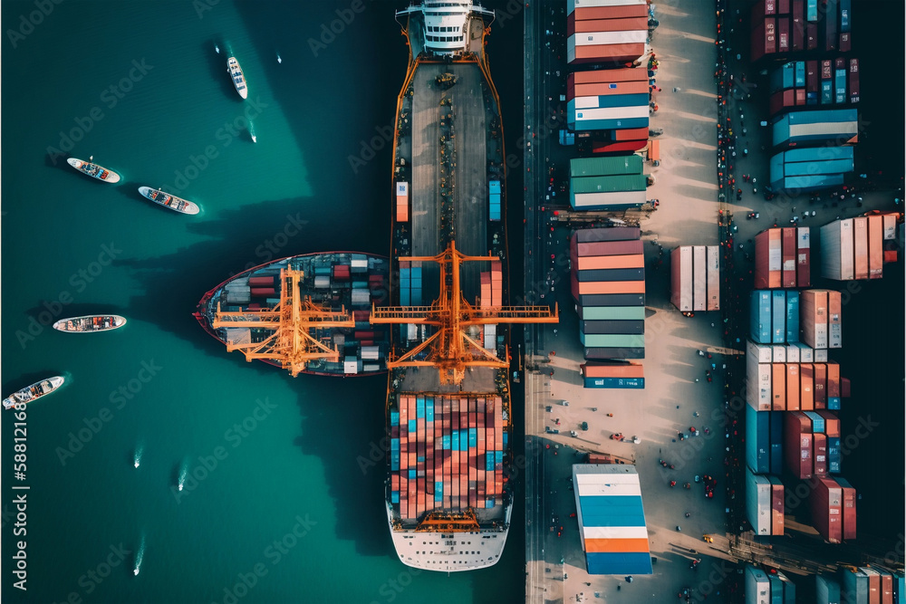 Storage of containers in logistics port terminal for export with multi-colored aerial view from above anchored in busy harbour, with workers in the background. Generative AI - obrazy, fototapety, plakaty 