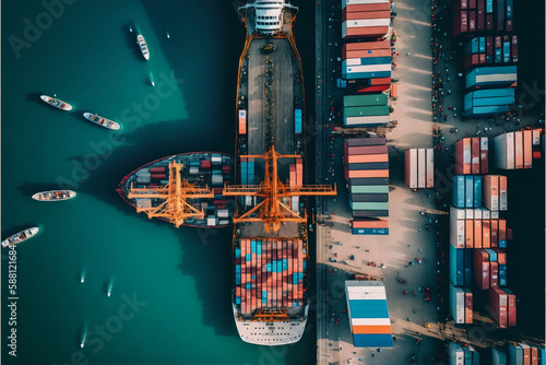 Storage of containers in logistics port terminal for export with multi-colored aerial view from above anchored in busy harbour, with workers in the background. Generative AI © Smilego