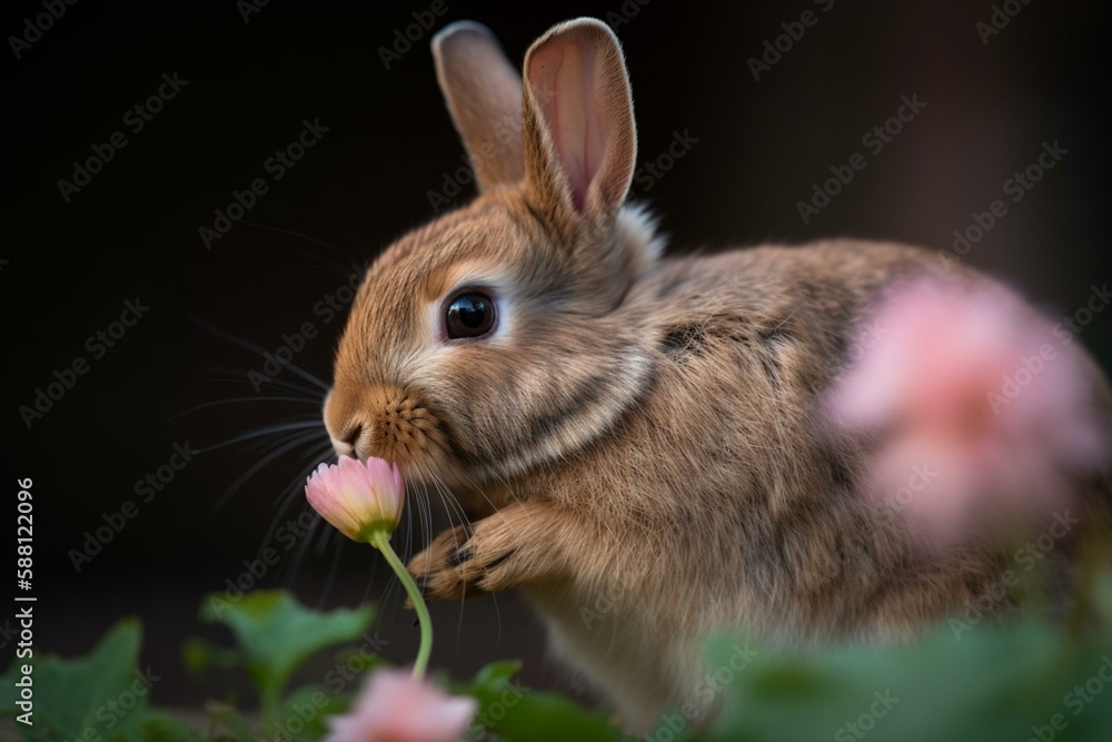 The rabbit nibbling on a pink flower Generative AI