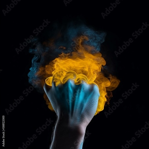 Fototapete Mans power fist in the blue and yellow fire