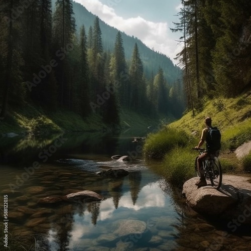 Beautiful, mountainous nature. River, man, bicycle, fishing rod. Fishing. Generative AI