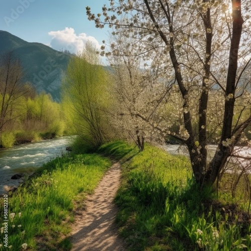 Spring nature  sports  tourism. Greenery  blossoming  sunshine  mountains  trees  forest  river  trails  hiking  running  cycling  relaxation  beautiful views. Generative AI