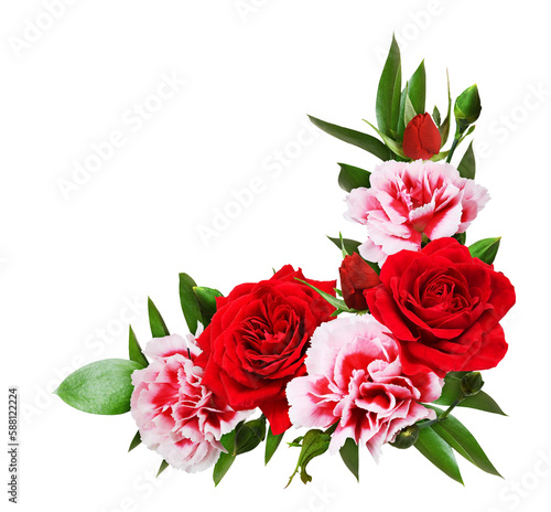 Red roses and carnation flowers with green leaves of ruscus in a floral corner arrangement isolated on white