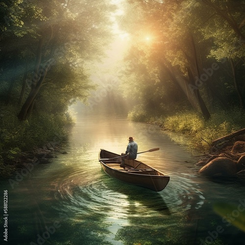 "Beautiful nature, green forests, crystal-clear river flows silently, smoothly bends. A man, flexible, strong, floats downstream, skillfully steering the boat. Huge fish, fast, str Generative AI
