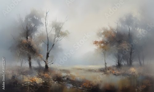  a painting of a foggy landscape with trees in the foreground.  generative ai © Anna