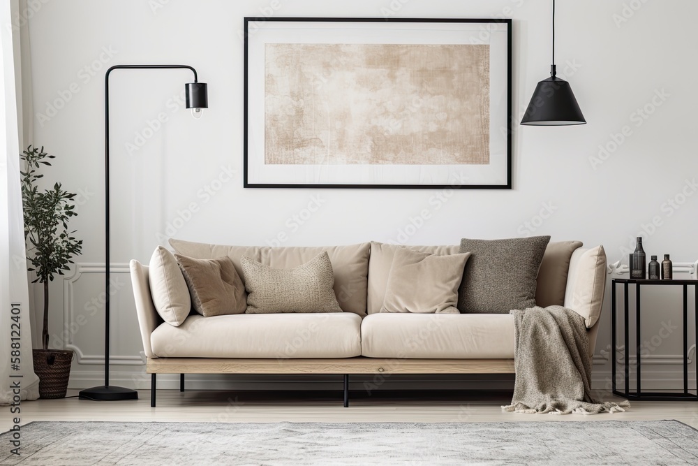 Fototapeta premium cozy living room with a comfortable couch and a soft rug. Generative AI