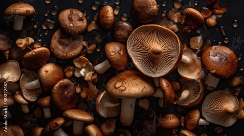 Edible Mushrooms with drops of water on a black background