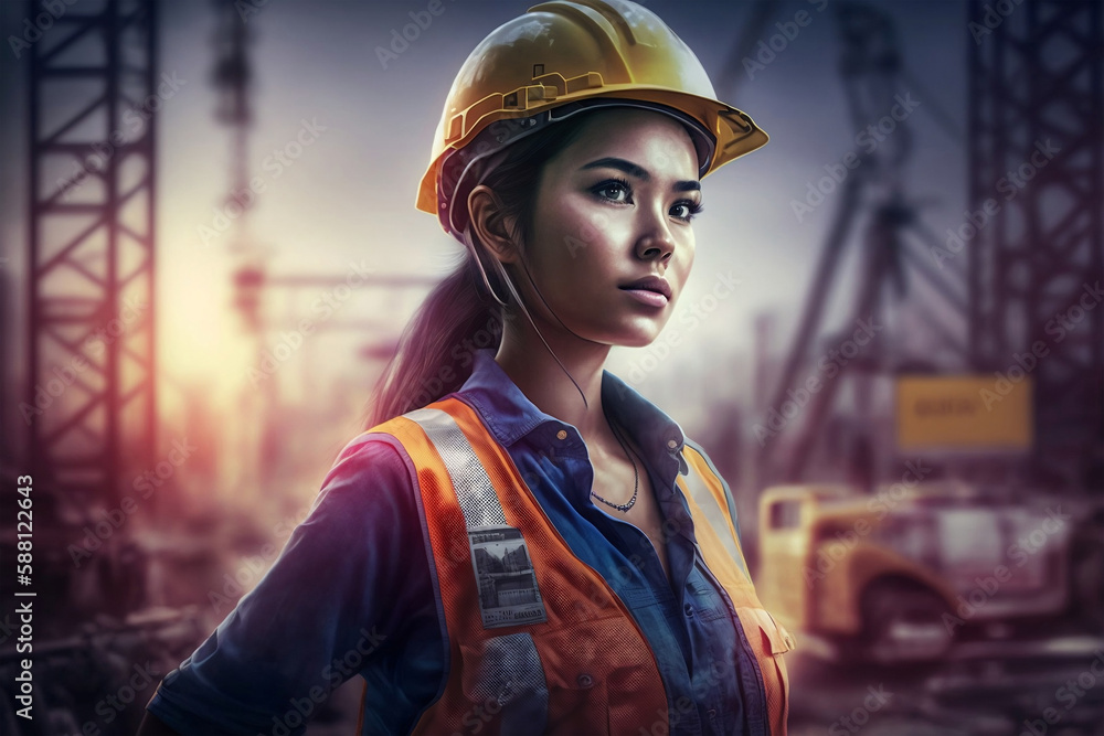 person in a helmet on the street, Froman women wearing protective helmets, inspecting the contractor and the correct force, construction work, house construction work. Generative AI person in a helmet on the street, Froman women wearing protective helmets, inspecting the contractor and the correct force, construction work, house construction work. Generative AI