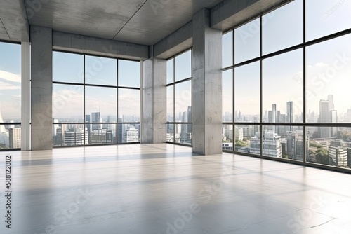 Illustration of an empty room with panoramic windows showcasing a breathtaking city view. Generative AI