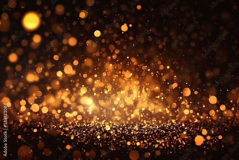 gold and black colored glowing glow bokeh out of focus blurred particles and lights and waves.  Abstract glamour high tech technology background. Generative AI