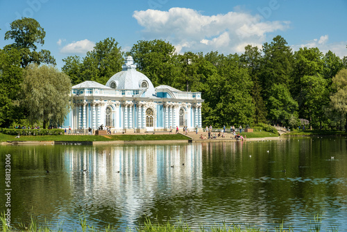 St. Petersburg, Pushkin, Russia - June 11, 2020. View of the Grotto Pavilion in the Catherine Park. Selective focus.