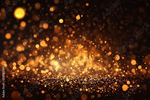 gold and black colored glowing glow bokeh out of focus blurred particles and lights and waves. Abstract glamour high tech technology background. Generative AI
