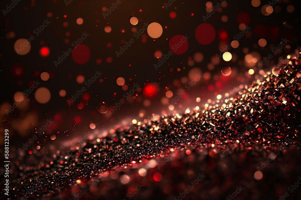 red and gold colored glowing glow bokeh out of focus blurred particles and lights and waves.  Abstract glamour high tech technology background. Generative AI