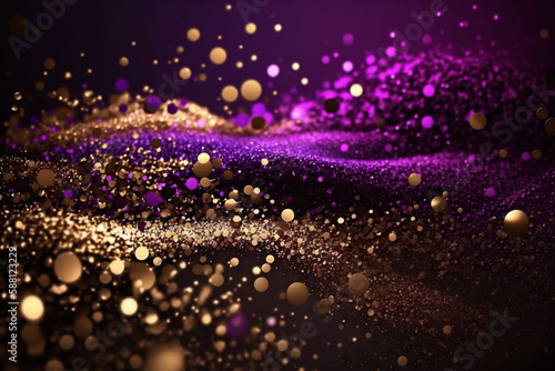 gold yellow and purple colored glowing glow bokeh out of focus blurred particles and lights and waves. Abstract glamour high tech technology background. Generative AI