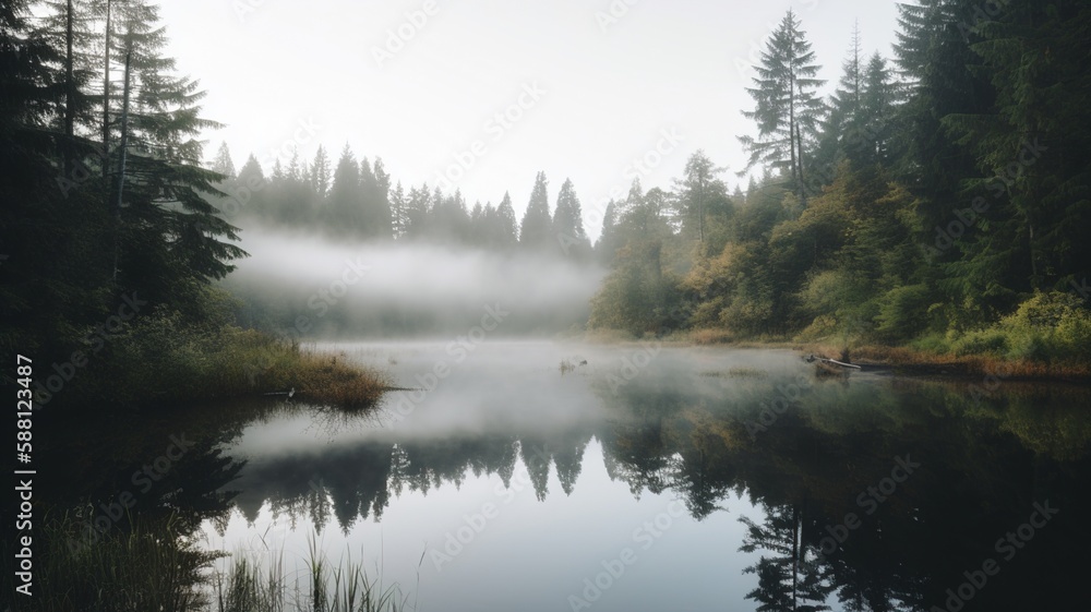 A serene lake with mist rising from the water (AI Generated) A serene lake with mist rising from the water (AI Generated)