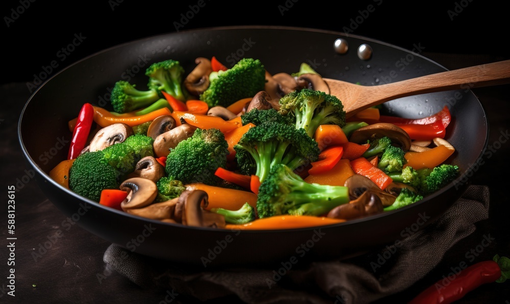 a pan filled with vegetables and mushrooms on top of a table. generative ai a pan filled with vegetables and mushrooms on top of a table. generative ai