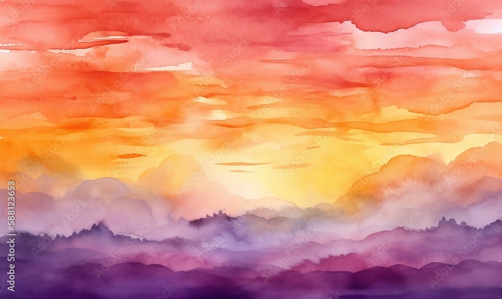  a painting of a sunset with clouds and mountains in the background.  generative ai