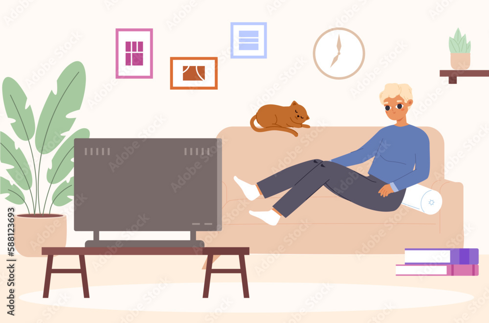 Student rest on sofa and watch TV. Young man in living room, relaxing and sleeping. Evening at home after work or study, vector cartoon scene