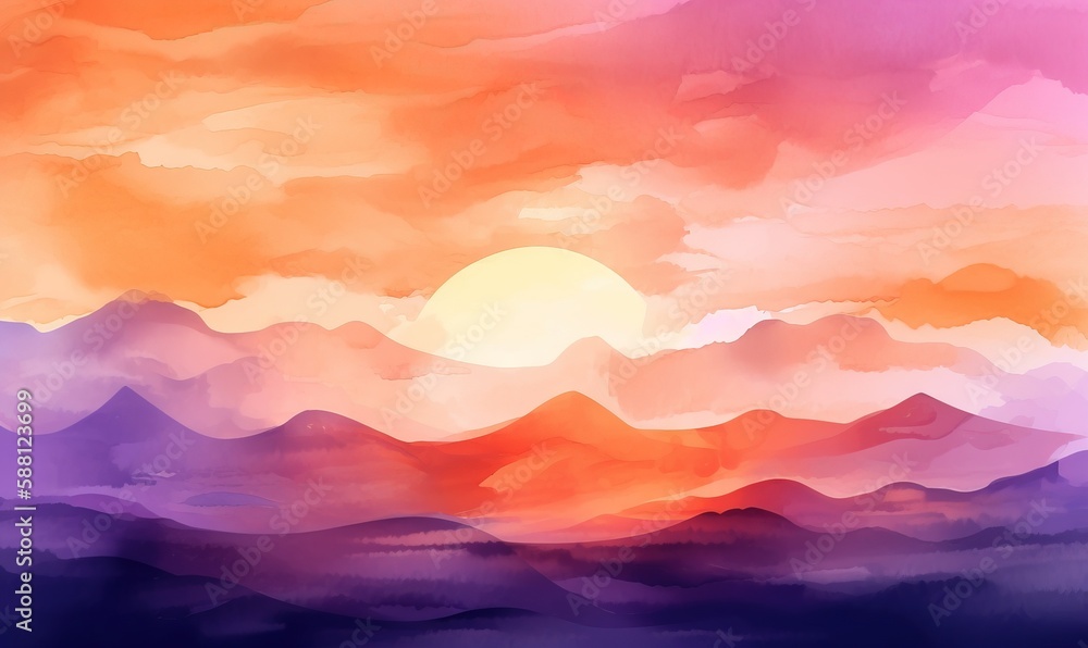  a painting of a sunset over a mountain range with clouds.  generative ai