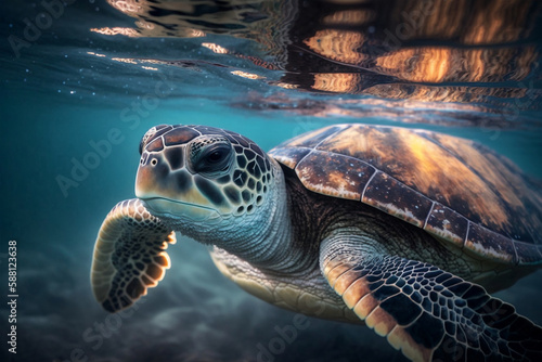 turtles swimming in the ocean with the sun shining on them and the sunshine in the sky above, with the sun shining in the middle of the water. Generative AI