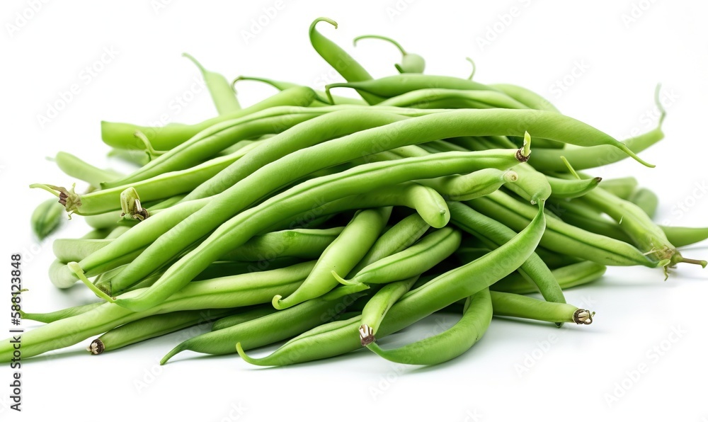 a pile of green beans sitting on top of a white table. generative ai a pile of green beans sitting on top of a white table. generative ai