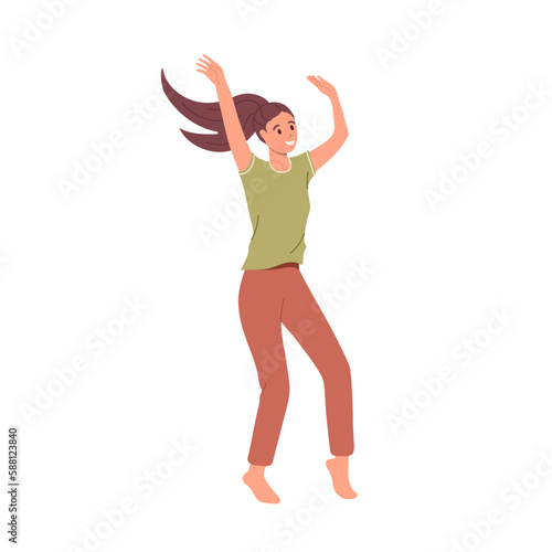 Happy joyful barefoot woman character dancing with raised hands isolated on white background