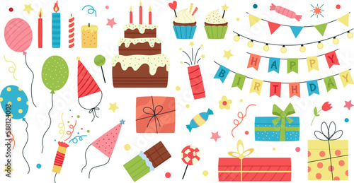 Birthday party flat elements. Anniversary balloon, muffins with candles. Colorful confetti ribbons, gift boxes. Decent celebration graphic vector pack