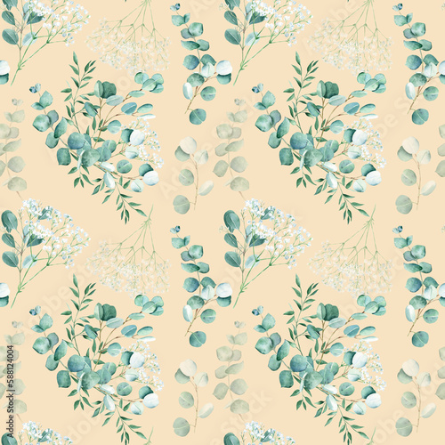 Seamless watercolor pattern with eucalyptus, gypsophila and pistachio branches on beige background. Can be used for wedding prints, gift wrapping paper, kitchen textile and fabric prints.