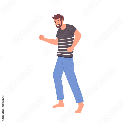 Happy cheerful young man character with positive emotions rejoicing dancing and fooling around