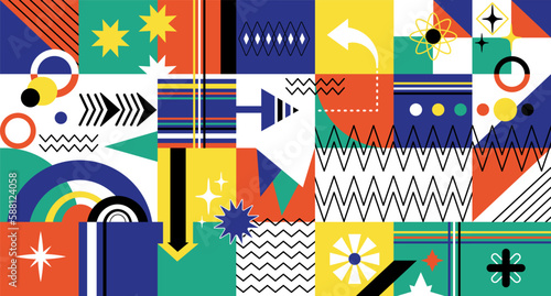 Abstract y2k bauhaus. Minimalistic brutalism style, geometric shapes and stars composition. Futuristic trendy design, new graphic decent vector poster
