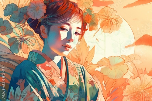 Young Japanese woman in yukata, outdoor Summer festival in Japan on a sunny day, watercolor AI generative