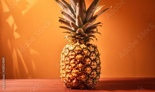  a pineapple sitting on top of a table next to an orange wall.  generative ai