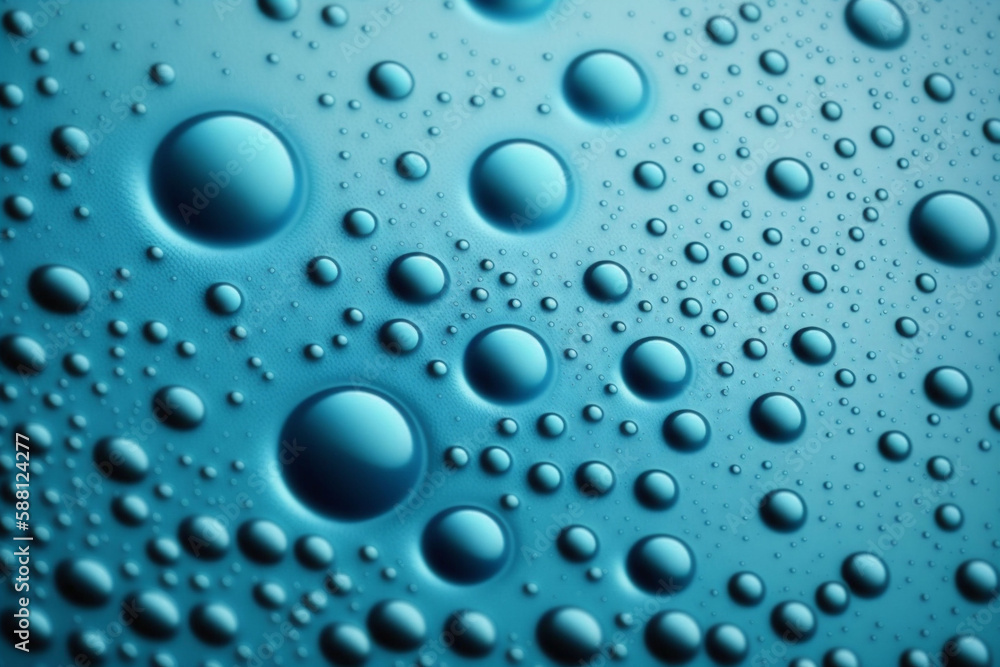 macro water drops droplets beading on a sky blue colored painted metal car with waxed finish, background, generative ai