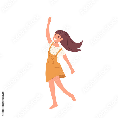 Cute little barefoot girl child character dancing expressively smiling happily isolated on white