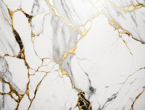 Elegant abstract black and white and gold marble background. Monochrome natural granite stone backdrop for banner. Generative AI
