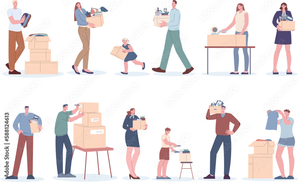 People with boxes, person packaging office or home things in cardboard box. Move, delivery or courier. Leave apartment kicky vector characters People with boxes, person packaging office or home things in cardboard box. Move, delivery or courier. Leave apartment kicky vector characters
