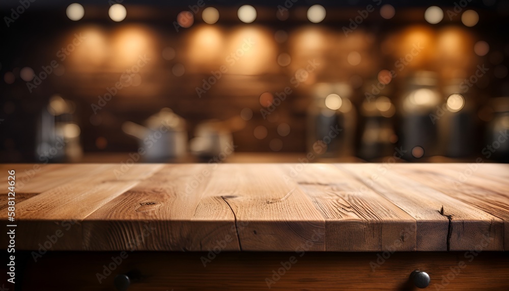 Empty wooden table top focus lights rustic farmhouse kitchen dark night background. Created with generative AI. Empty wooden table top focus lights rustic farmhouse kitchen dark night background. Created with generative AI.