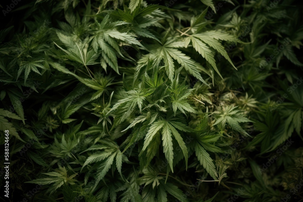 Vibrant, dense layered marijuana leaf texture background, generative AI