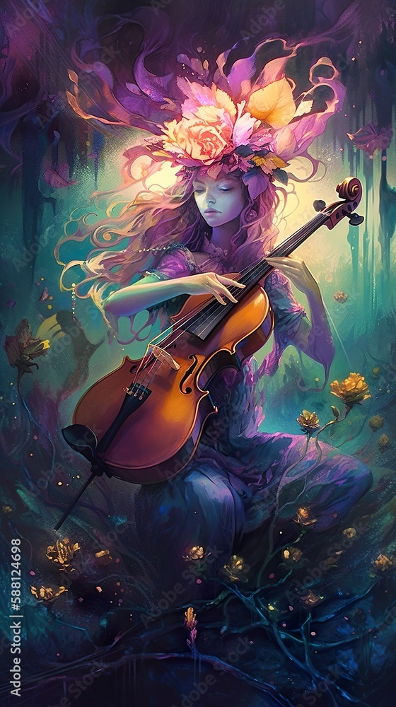 A fantasy illustration of a female musician playing the cello in an enchanted forest, surrounded by mysterious lights and shapes generated by AI.