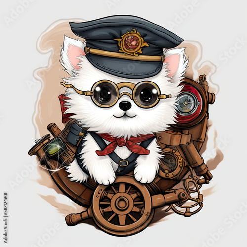 Cute white dog in steampunk submarine, u-boat, cartoon chibi style, AI generative illustration photo